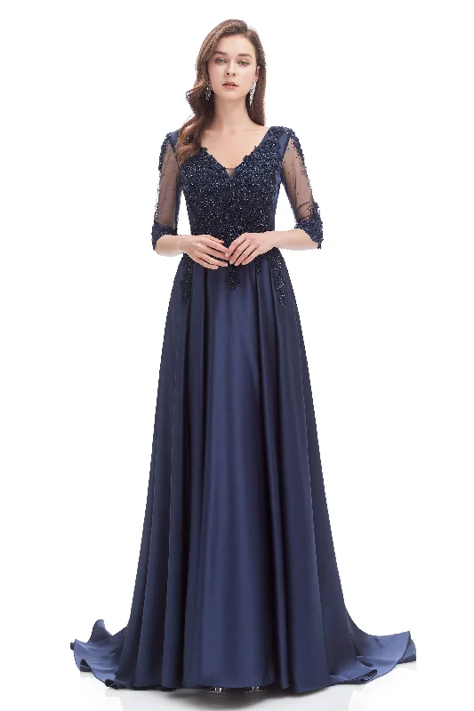 Season Finale Sale Navy Blue Satin V-neck Short Sleeve Beading Corset Prom Dresses outfit Season Finale Sale Navy Blue Satin V-neck Short Sleeve Beading Corset Prom Dresses outfit