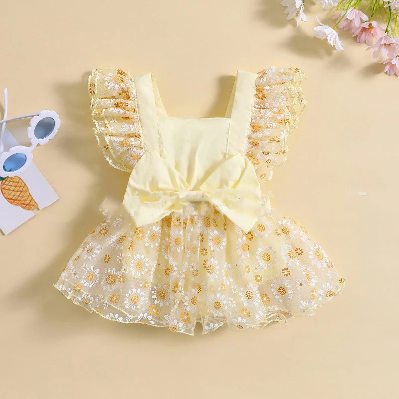Special Offer Summer Girl Simple Mesh Flounced Sleeve Floral Dress