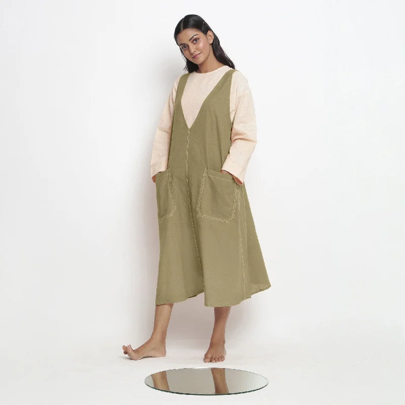 Price Buster Khakhi Green 100% Cotton Paneled Midi Shift Dress