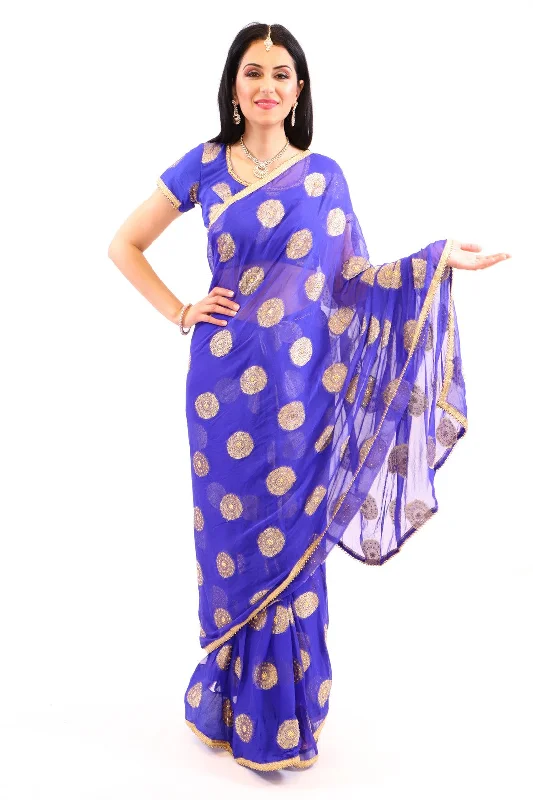 Super Deal Royalty Blue with Gold Print Pre-Pleated Ready-Made Sari-SNT10014
