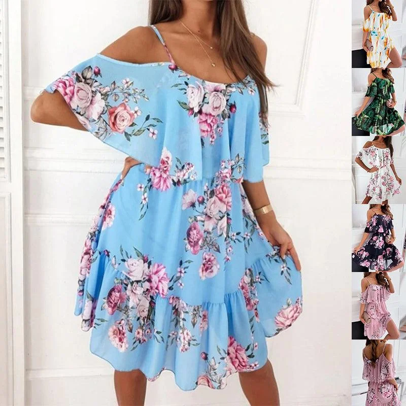 Reduced Prices Flower Printed Ruffled Suspender Dress Summer Off-the-shoulder Strap Dresses Women Reduced Prices Flower Printed Ruffled Suspender Dress Summer Off-the-shoulder Strap Dresses Women