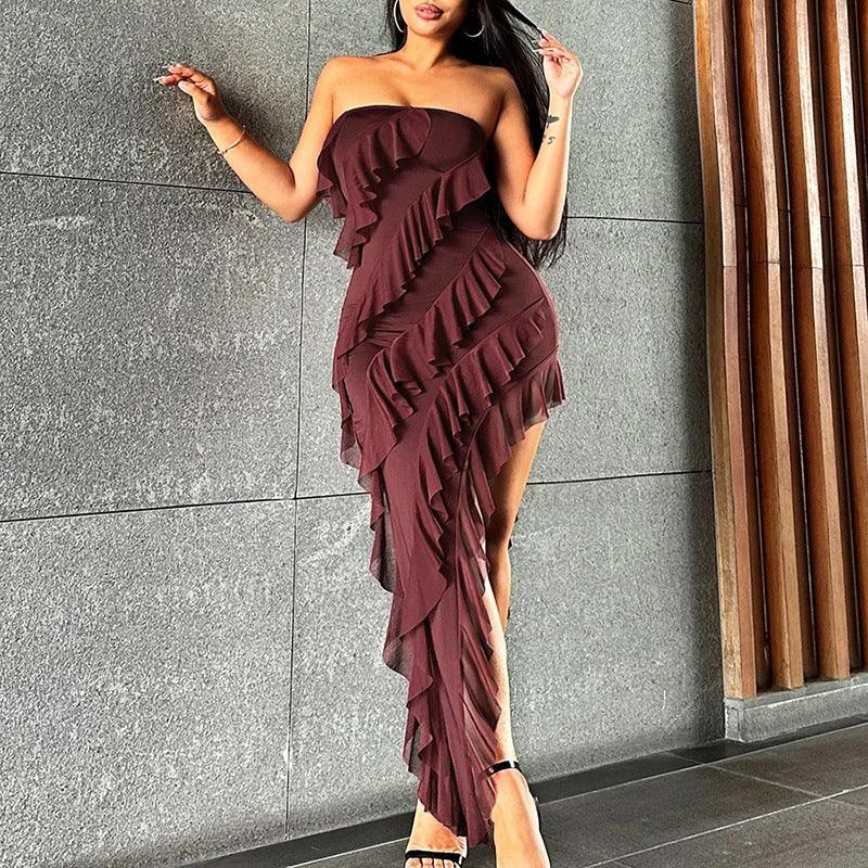 Midnight Madness Women's 2024 Summer Tube Top Backless Split Tassel Dress - Party Clubwear