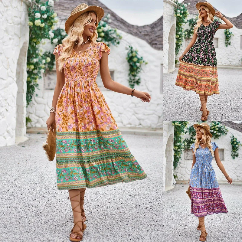 Blowout Sale New Flowers Print V-neck Dress Summer Casual Ruffle Sleeveless Dresses Bohemian Holiday Beach Dress For Womens Clothing Blowout Sale New Flowers Print V-neck Dress Summer Casual Ruffle Sleeveless Dresses Bohemian Holiday Beach Dress For Womens Clothing