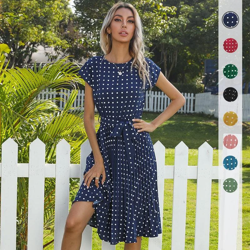 Price Drop Alert Summer Women Polka Dot Short Sleeve Dress Casual Bandage Party Pleated Midi Dresses Elegant Green Office Lady Clothing