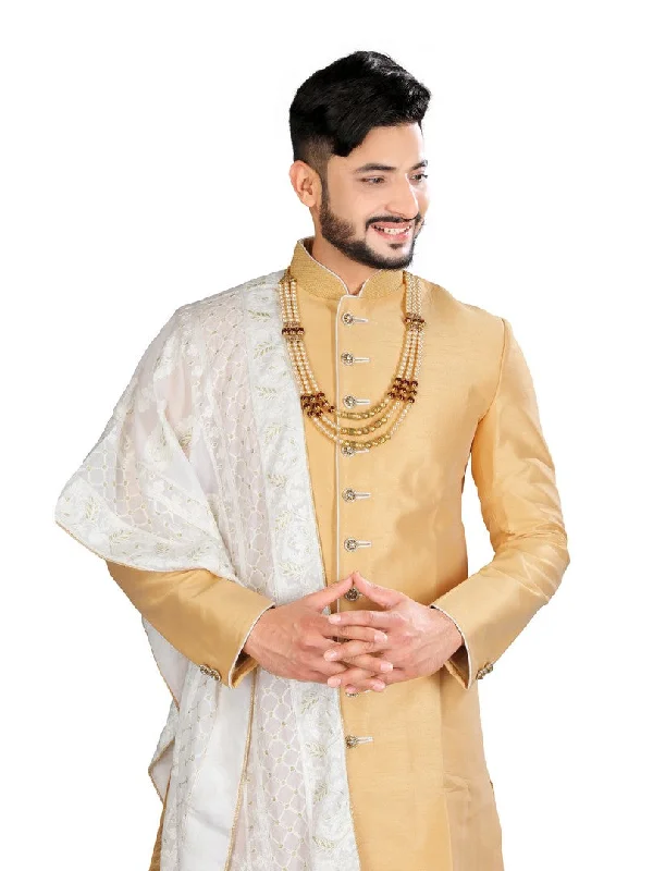 Value Deals Elegant Gold Silk Indian Wedding Indo-Western Sherwani for Men -RK1212 Value Deals Elegant Gold Silk Indian Wedding Indo-Western Sherwani for Men -RK1212