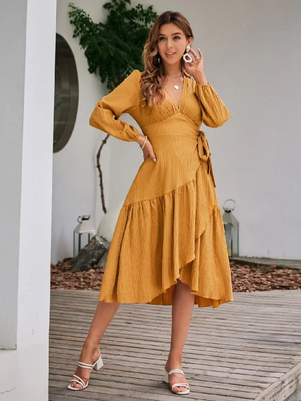 YEAR-End Clearance Women's Spring/Autumn Puff Sleeved V-Neck Midi Dress
