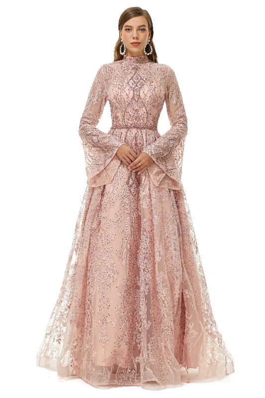 Last Chance Pink Tulle Appliques High Neck Long Sleeve Beading Corset Prom Dresses outfit Last Chance Pink Tulle Appliques High Neck Long Sleeve Beading Corset Prom Dresses outfit