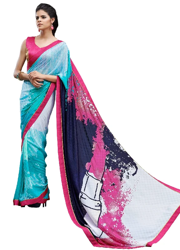 Exclusive Deal Digital Print Blue & Pink Shaded Crepe Silk Saree Sari D-310