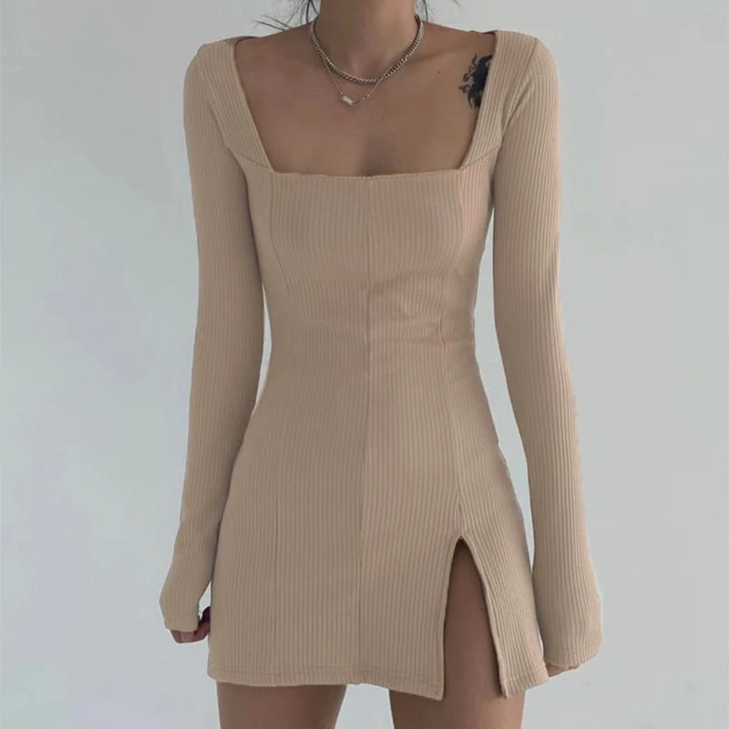 New Deals Women's Spring/Autumn Square Neck Ribbed Knitted Side Split Long Sleeve Bodycon Mini Dress New Deals Women's Spring/Autumn Square Neck Ribbed Knitted Side Split Long Sleeve Bodycon Mini Dress