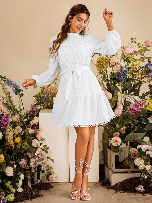 Discount Deals Women's Summer White Sleeved Lace Ruffle Mini Dress | Wedding Dress