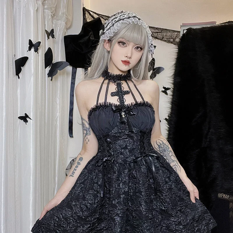 Get It Before It’s Gone Japanese Harajuku Lolita Black Laced Waist Cross Dress