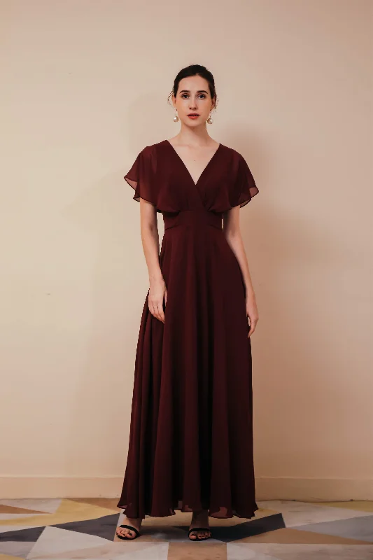 Closeout Burgundy V-Neck Chiffon A Line Long Corset Prom Dresses outfit