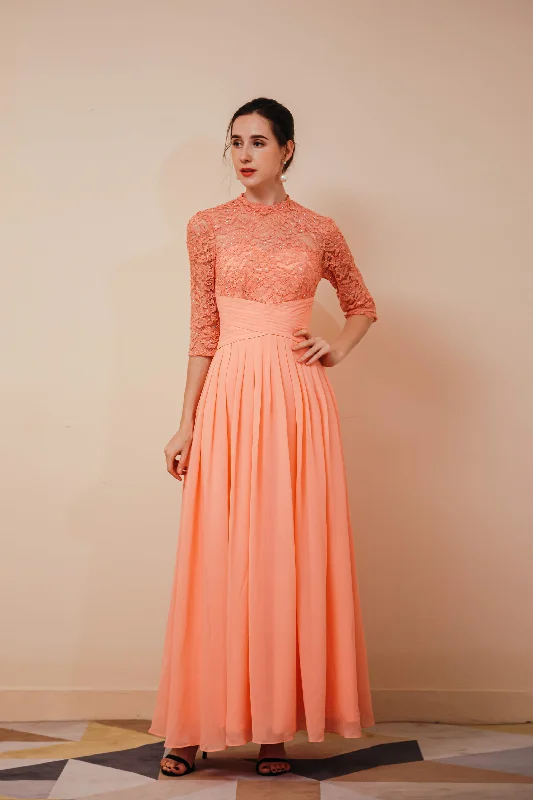 Exclusive Preview Lace Chiffon Long Zipper Back Mother of the Bride Dresses With Sleeves Gowns Exclusive Preview Lace Chiffon Long Zipper Back Mother of the Bride Dresses With Sleeves Gowns