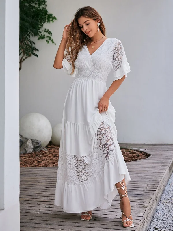 Discount Mania Women's Summer Lace Ruffle Sleeved White Dress
