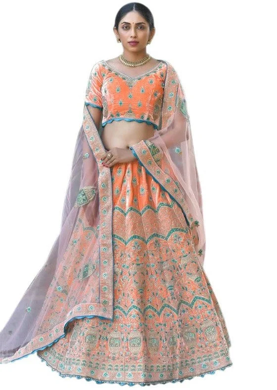 TIME-Limited Offer Exhilarating Orange and Teal Embroidered Lehenga- SNT11002
