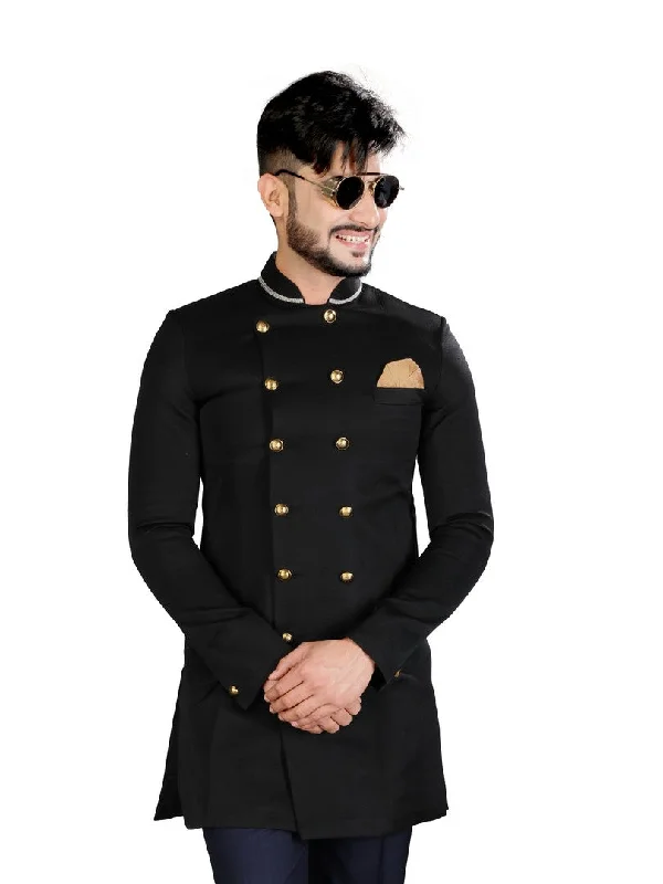 YEAR-End Clearance Bold Black Beautiful Silk Indian Wedding Indo-Western Sherwani for Men -RK1211 YEAR-End Clearance Bold Black Beautiful Silk Indian Wedding Indo-Western Sherwani for Men -RK1211