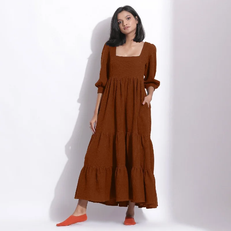 New Markdowns Brown Warm Cotton Waffle Tier Maxi Dress