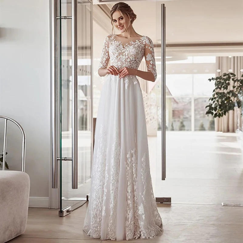 Discount Deals Women's Half Sleeve O-Neck A-Line Wedding Dress