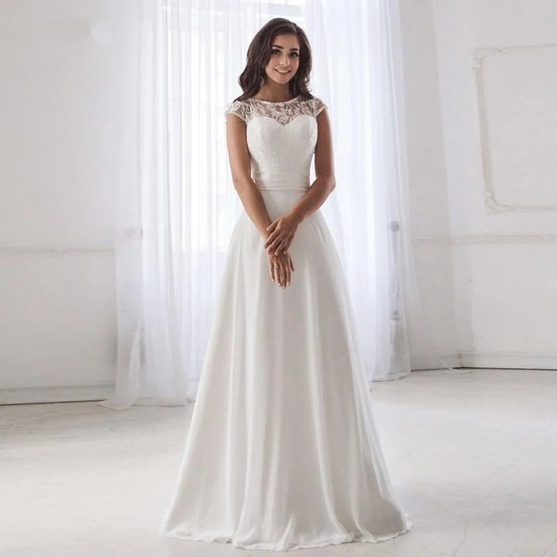 Year-End Sale Women's Scoop Neck Chiffon Lace Wedding Dress | Plus Size Bridal Dress