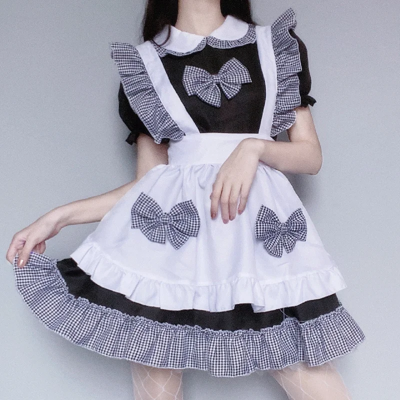 Exclusive Offers Black and White Plaid Ruffle Bow Maid Dress