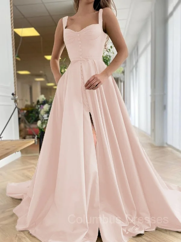 Can't Miss A-Line/Princess Straps Court Train Satin Prom Dresses With Pockets