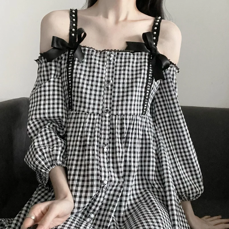 Seasonal Sale Plaided Summer Black White Strap Dress SD01955