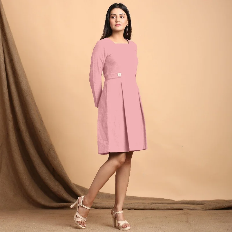 Daily Deals Pink Cotton Flax Square Neck Pleated Short Dress
