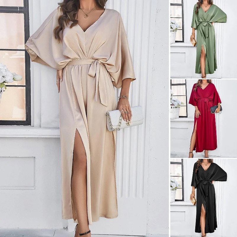 Clearance Event Fashion Bat Sleeve Long-sleeved V-neck Dress With Split Design Temperament Loose High Waist Lace-up Long Dresses Women Clothing Clearance Event Fashion Bat Sleeve Long-sleeved V-neck Dress With Split Design Temperament Loose High Waist Lace-up Long Dresses Women Clothing