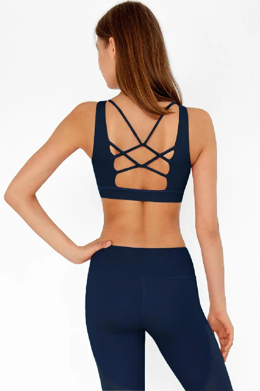 3 for $49! Navy Blue Kelly Strappy Open-Back Padded Sports Bra - Women