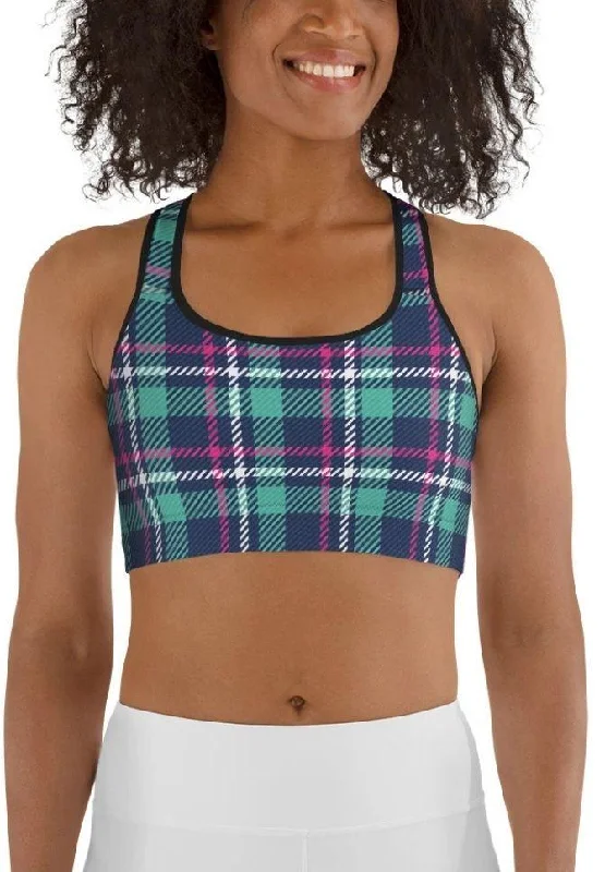 Pink & Turquoise Plaid Print Sports Bra