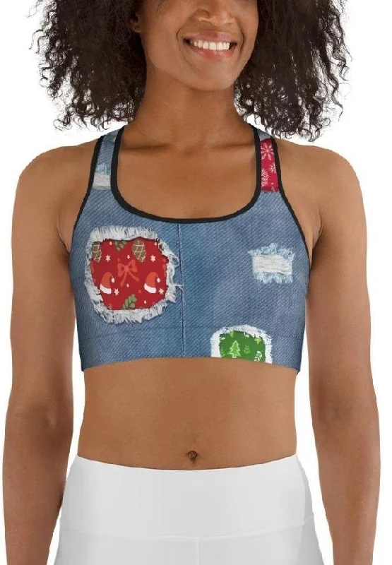 Ripped Denim Christmas Sports Bra