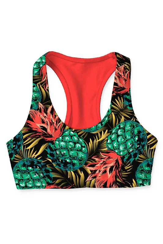 Tropicana Stella Neon Coral Pineapple Print Seamless Yoga Bra - Women