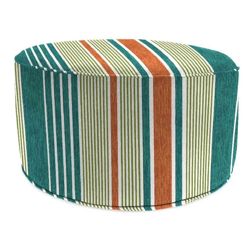 24" Round Multicolor Stripe Round Outdoor Pouf Ottoman with Welt - 24"D x 13.5" H