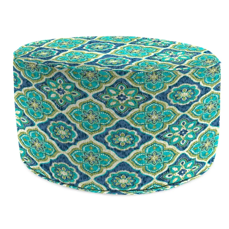 24" Round Teal Medallion Round Outdoor Pouf Ottoman with Welt - 24"D x 13.5" H