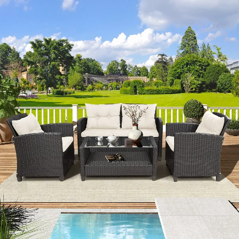 Anniversary Sale 6-Piece Wicker Pe Rattan Patio Outdoor Dining Conversation Sectional Set With Storage Glass Coffee Table, Wicker Sofa
