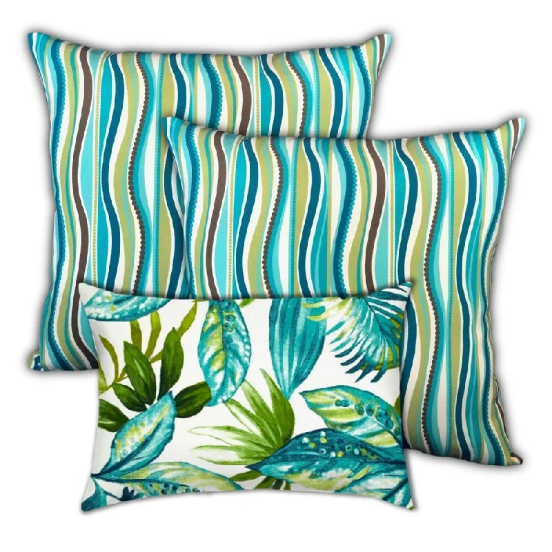 Seasonal Clearance Ocean Waves Indoor/Outdoor, Zippered Pillow Cover, Set of 2 Large & 1 Lumbar, White, Blue, Aqua